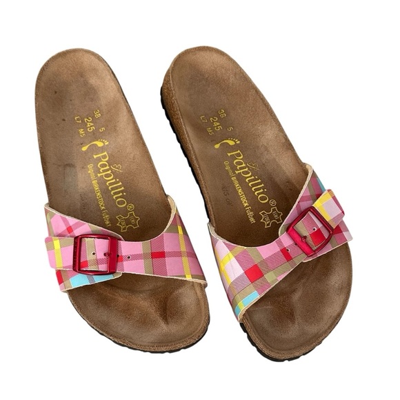 Papillio Birkenstock Birkis Women’s Pink Plaid Slide Sandals Shoes Sz 8 38 - Picture 1 of 7